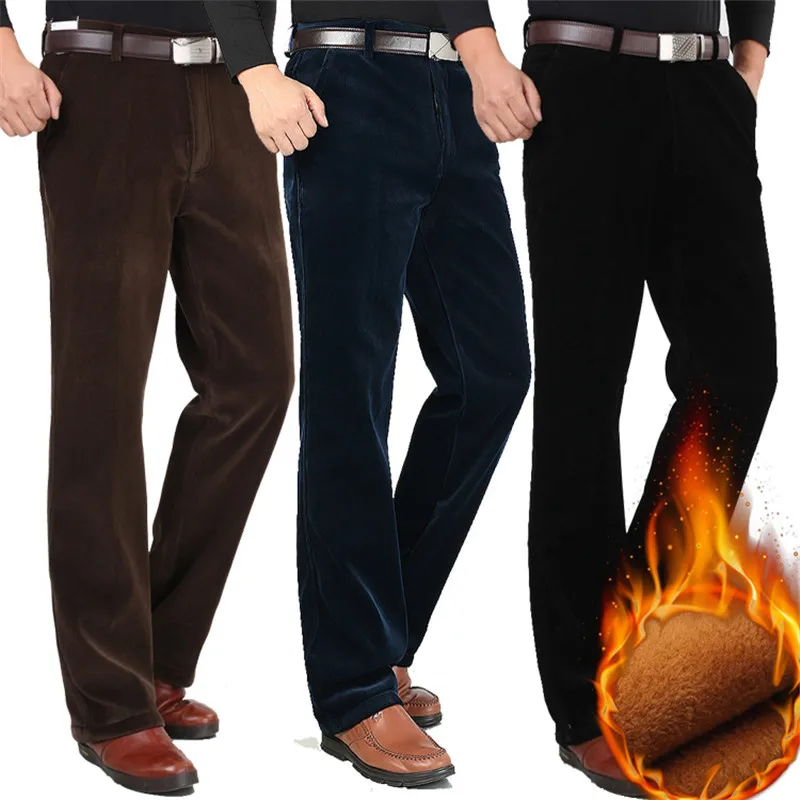 Зимние мужские вельветовые брюки плюс бархатные толстые с высокой талией свободные Стрейчевые вельветовые повседневные штаны прямые теплые брюки