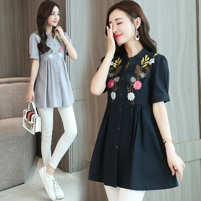 17zq جديد الخامس الرقبة قميص مطرزة طويل حجم كبير مزاجه قميص أنيق بأكمام قصيرة مشبك خياطة تيشرت T9908