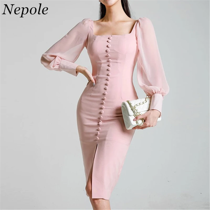 

Neploe Open Back Solid Square Collar Split Women Dress Sheath Buttons Lace Up Elegant Femlae Vestido 2019 Auttum New Dress 68914