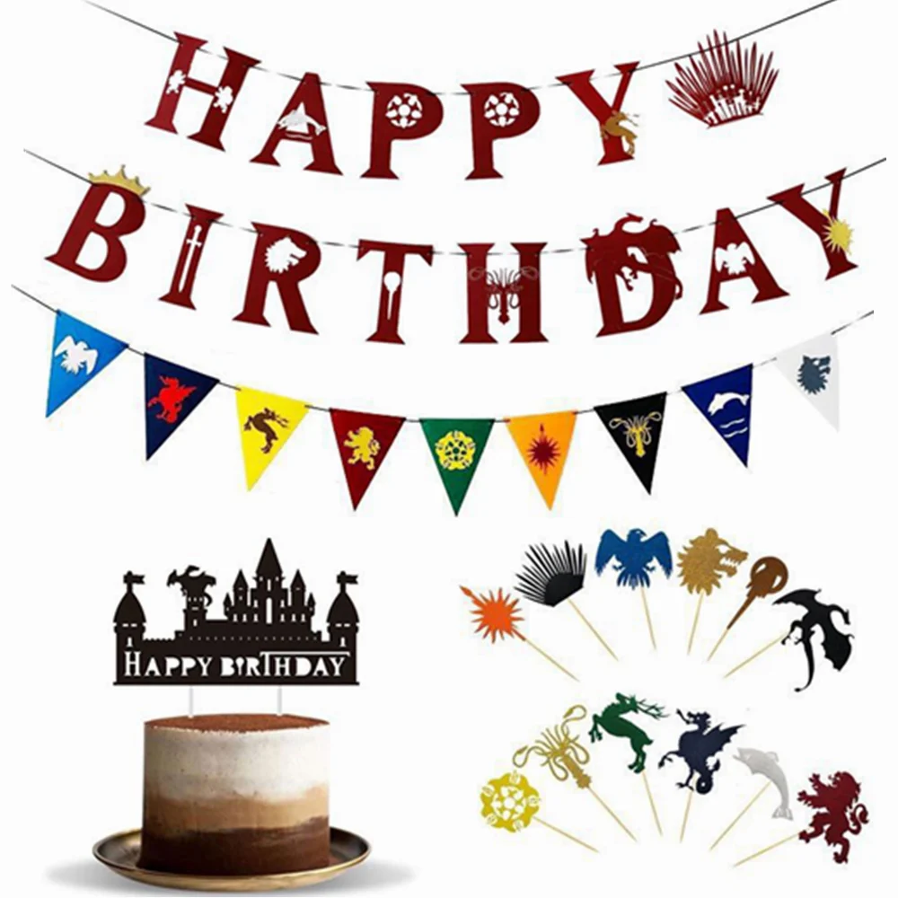 Game of Thrones Birthday Banner GOT Birthday Party Supplies Decorations Game of Thrones Cup Cake Toppers,Happy Birthday Banner