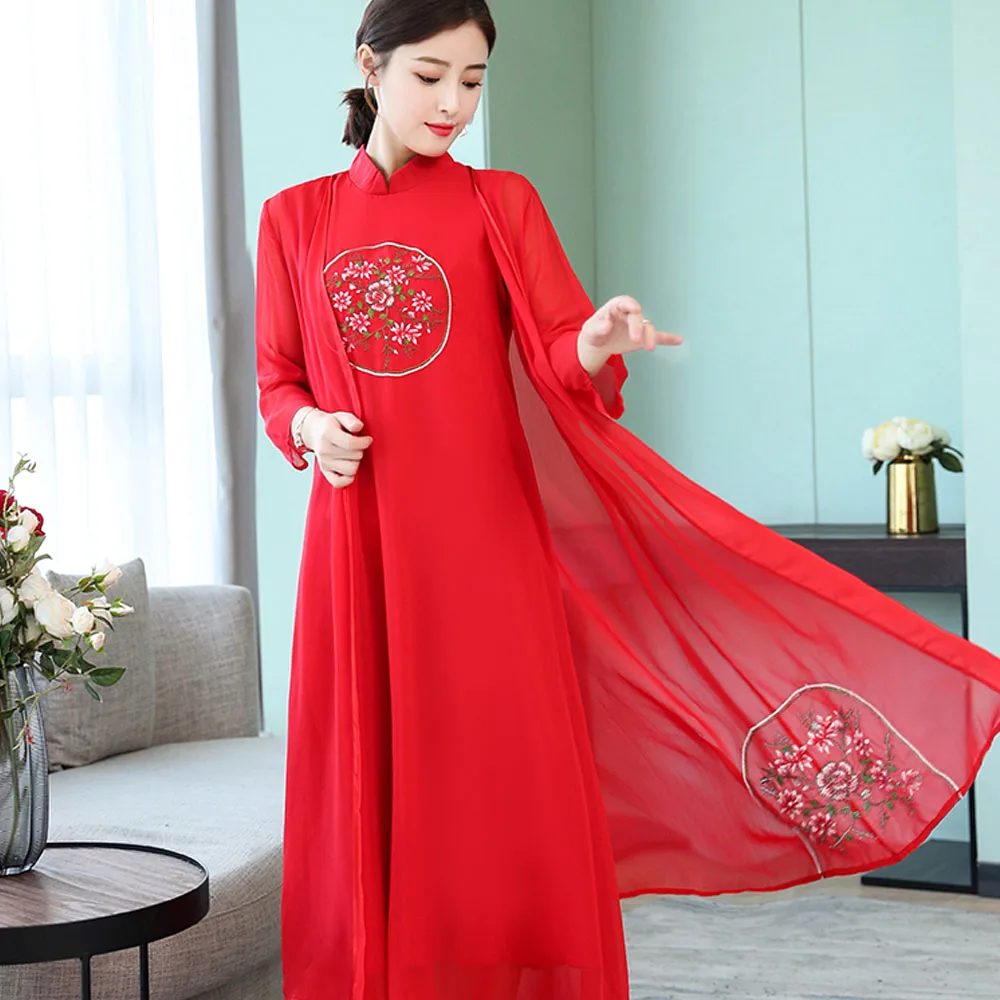 Элегантное красное китайское платье Qipao вечерние Лето Высокое качество Улучшенная платье Чонсам с вышивкой из двух частей красный китайское платье - Цвет: Red