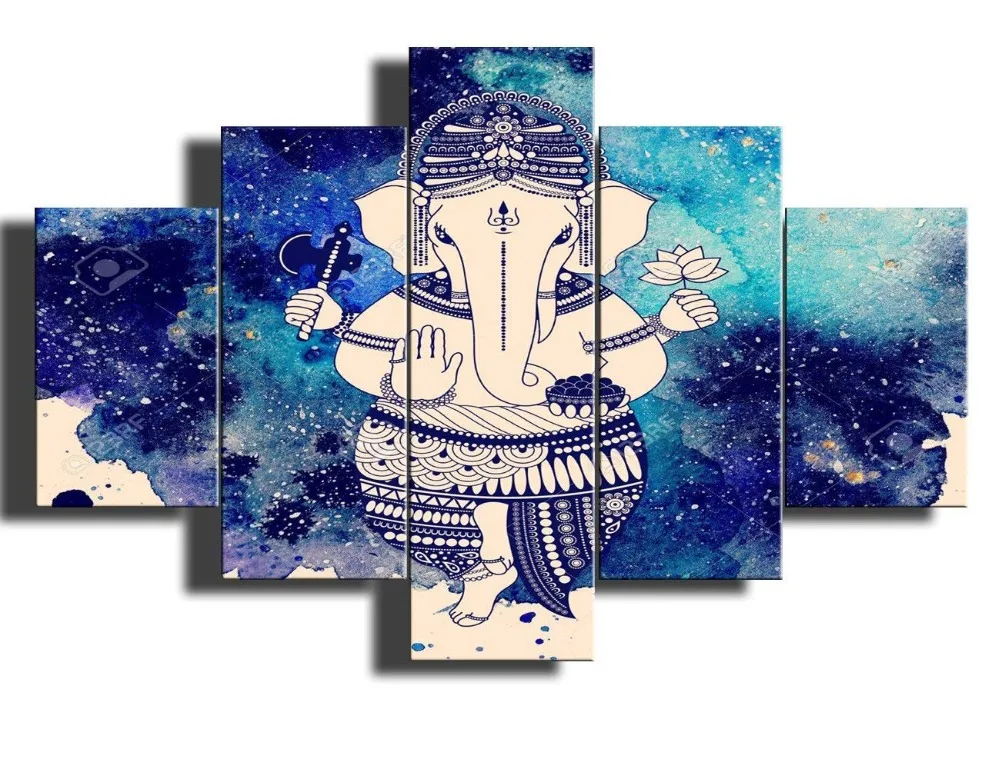 Lord Ganesha House Decor Hindu God Paintings 5 Piece Canvas Wall Art Black and White Pictures Home Decor for Living Room Artwork Giclee Wooden Framed Gallery Wrapped Ready to Hang(60''Wx40''H)