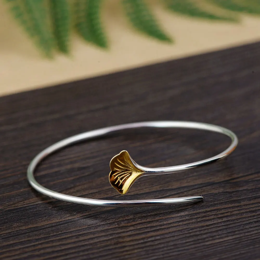 

FNJ 925 Silver Leaf Bangle Simple 2mm Width 100% S925 Sterling Silver 58MM size Bangles for Women Jewelry
