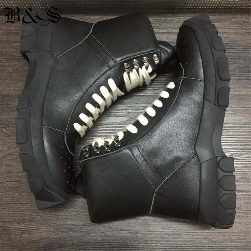 Черный и уличный стиль; коллекция года; зимние мужские ботинки в стиле хип-рок из натуральной кожи; ботинки на толстой подошве в винтажном стиле; военные ботинки