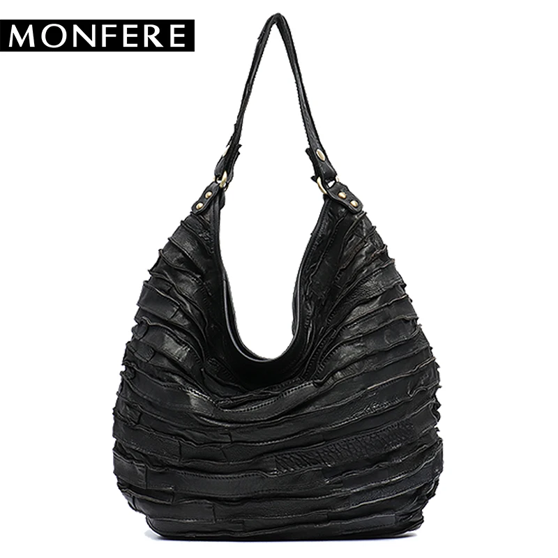 MONFE Real Sheep Leather Skin Stripe Hobos Women Large Capacity Hobo Shoulder Bag Casual Patchwork Genuine Leather Crossbody Bag