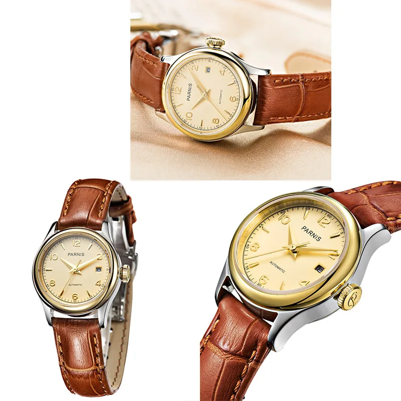 Часы Parnis механические Женские браслеты люксовый бренд 27 мм Сапфировая кожа золотые часы для женщин наручные часы для женщин PA2113