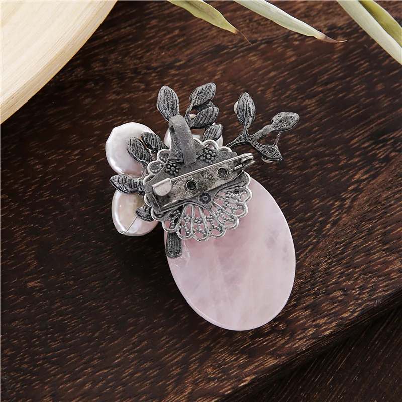 TDQUEEN Brooches Antique Silver Plated Natural Stone Broches Zinc Alloy Vintage Pin Jewelry Baroque Pearl Flower Brooch 3
