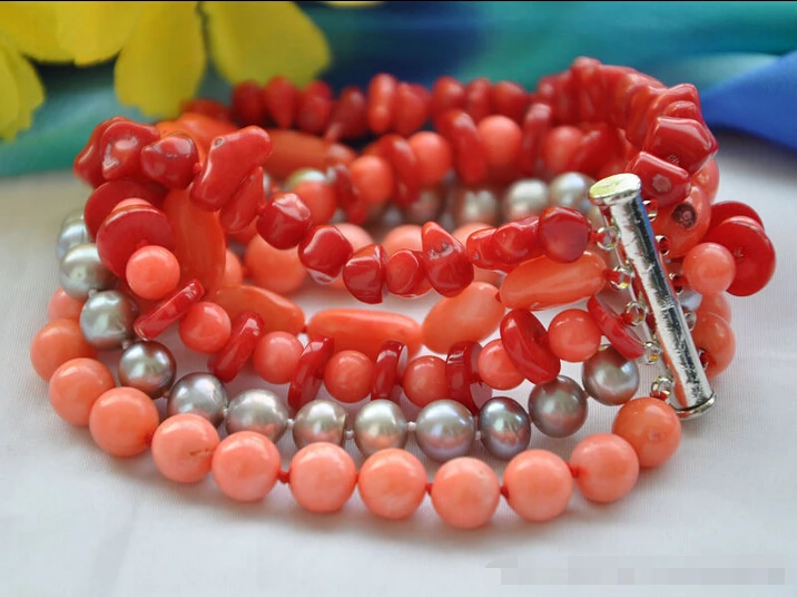 

shippingz6073 5strands 6MM ROUND baroque red pink coral gray pearl bracelet 8inch