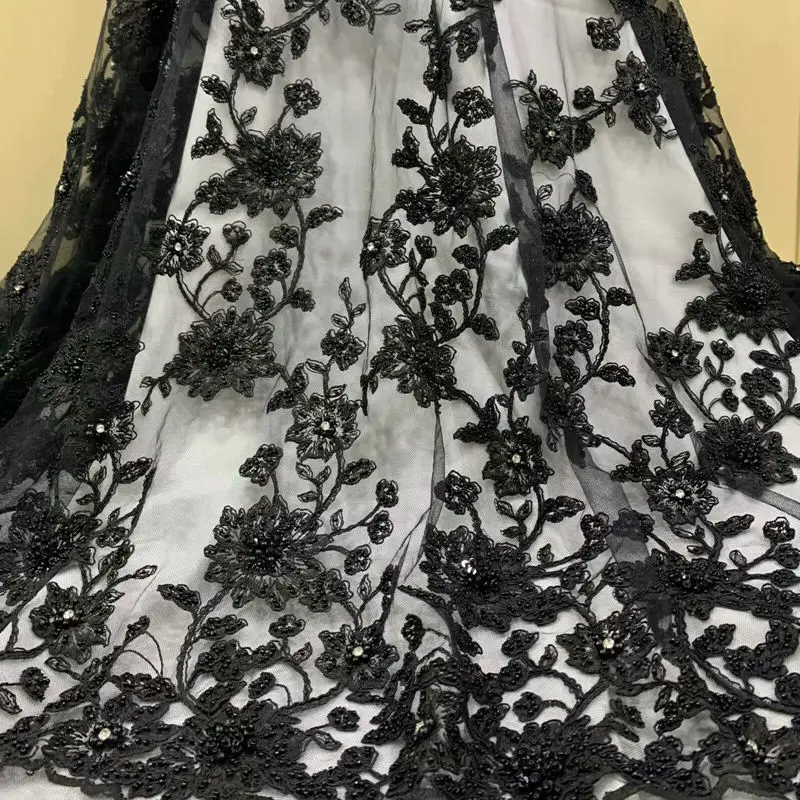 

french lace African Tulle lace fabric with Appliques stones beads and diamond best quality black Handmade 3D lace fabric IG910