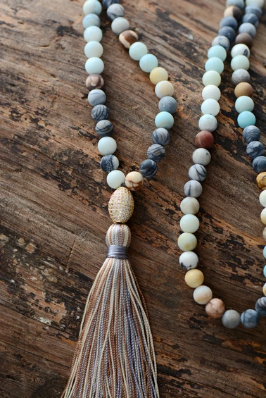 Exclusive 8MM Matte Natural Stones With Micro Paved Cubic Zirconia Tassel Necklace Handmade Classic Beaded Women Necklace
