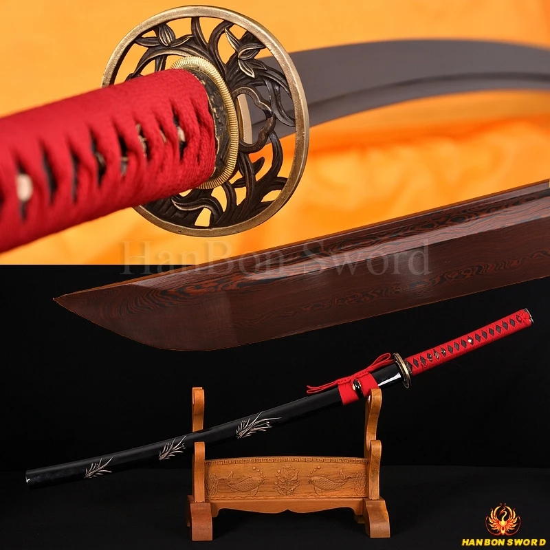 

Hand Forged Japanese Samurai Katana Full Tang Damascus Steel Black & Red Blade Swords Hand Carved Saya Alloy Orchid Tsuba Sharp