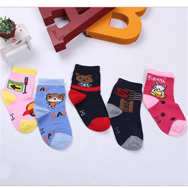 5 пар носков для малышей Детские носки с мультяшным принтом на весну, осень и зиму хлопковые эластичные Разноцветные носки для мальчиков и девочек, От 1 до 13 лет