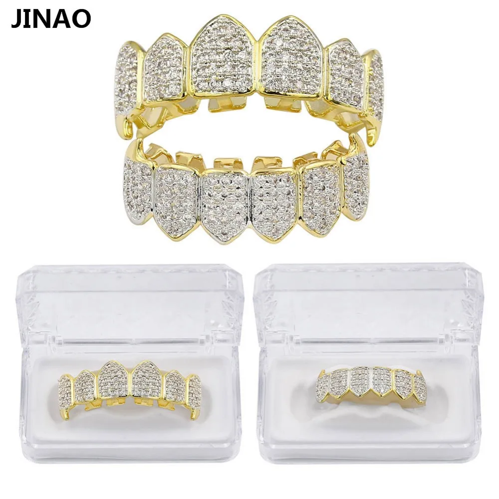 

JINAO Hip Hop Teeth Grillz GOLD Color&Silver Plated Micro Pave CZ Gold Fang Top & Bottom Teeth Grills Vampire Set Cubic Zirconia