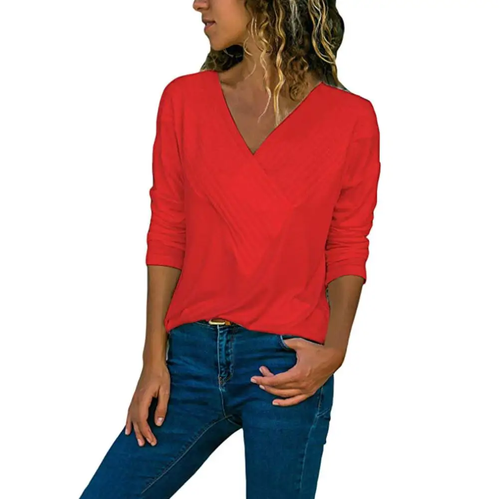 

Hot Fashion Plus Size Women Autumn Spring Sexy V Neck Solid Color T-Shirt Long Sleeve Top