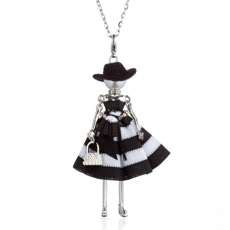 

Black White Striped Long Bowtie Dress Dancing Doll Pendant Necklace For Women Black Hat Long Chain Statement Collares Kolye