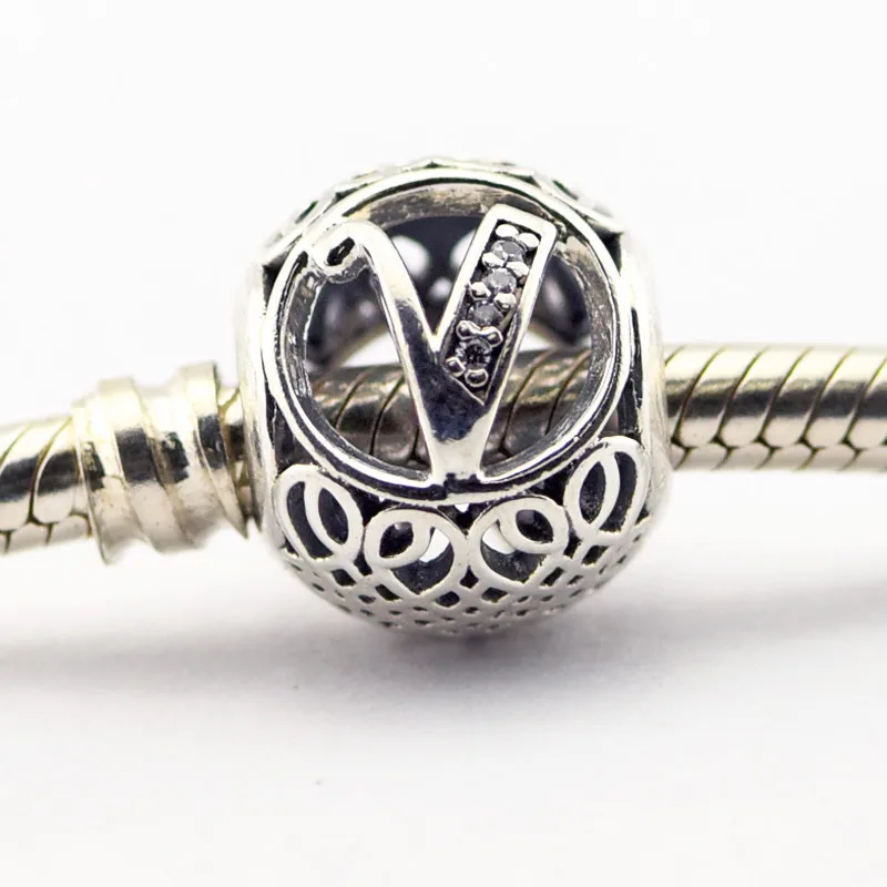 

Vintage V Clear CZ Beads Charms Silve Color Fit European Charm Bracelet Open Work New style Jewelry Letter V for Women DIY