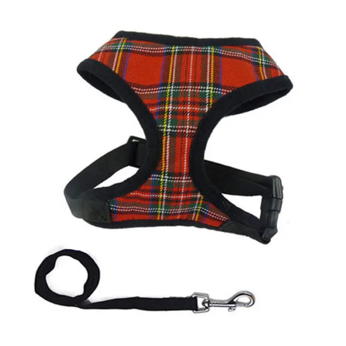 Soft Mesh font b Tartan b font Checkered Dog Harness Lead Adjustable Pets Dog Puppy Leash