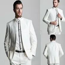 Лидер продаж, новинка, высококачественные для жениха, свадебное платье, белый высокий воротник, без пуговиц, костюм на заказ, костюм жениха(пальто+ штаны