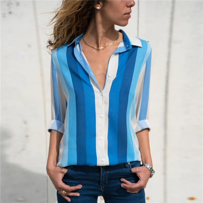 Полосатая блузка женская с длинным рукавом отложной воротник офисная Рубашка летняя шифоновая блузка повседневные топы, блузы плюс размер - Цвет: Sky Blue
