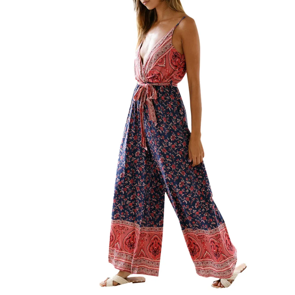 

vetement femme 2019 Women's sexy loose clothes Summer Sling boho Jumpsuit Sexy Tie Waist Printed Jumpsuit clothes set