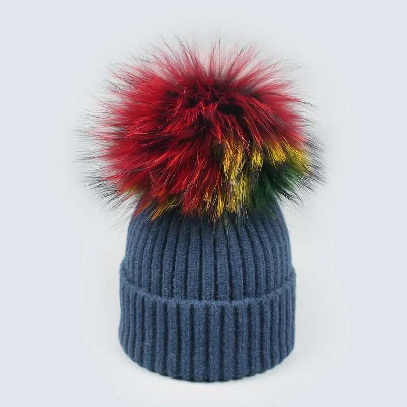 Осенне-зимние вязаные шерстяные шапки унисекс, лыжная шапка кэжуал из натурального меха енота и лисы, однотонные горнолыжные шапки с помпоном - Цвет: L