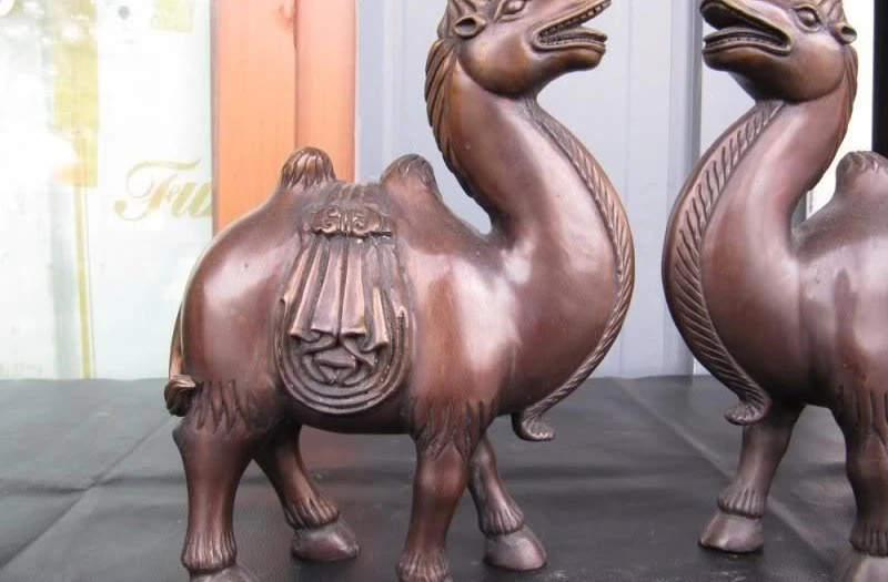 

9 Chinese Folk Superb Pure Bronze Copper Carved Two desert Camel Pair Statue