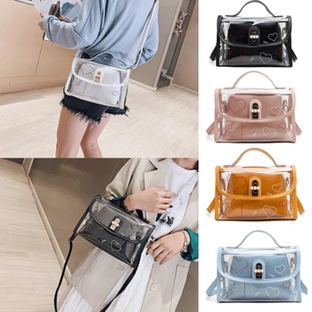 

Women Fashion Transparent Hearts Printed Pearl Lock Crossbody Shoulder Bag Handbag Clear Jelly Square Purse Clutch Tote