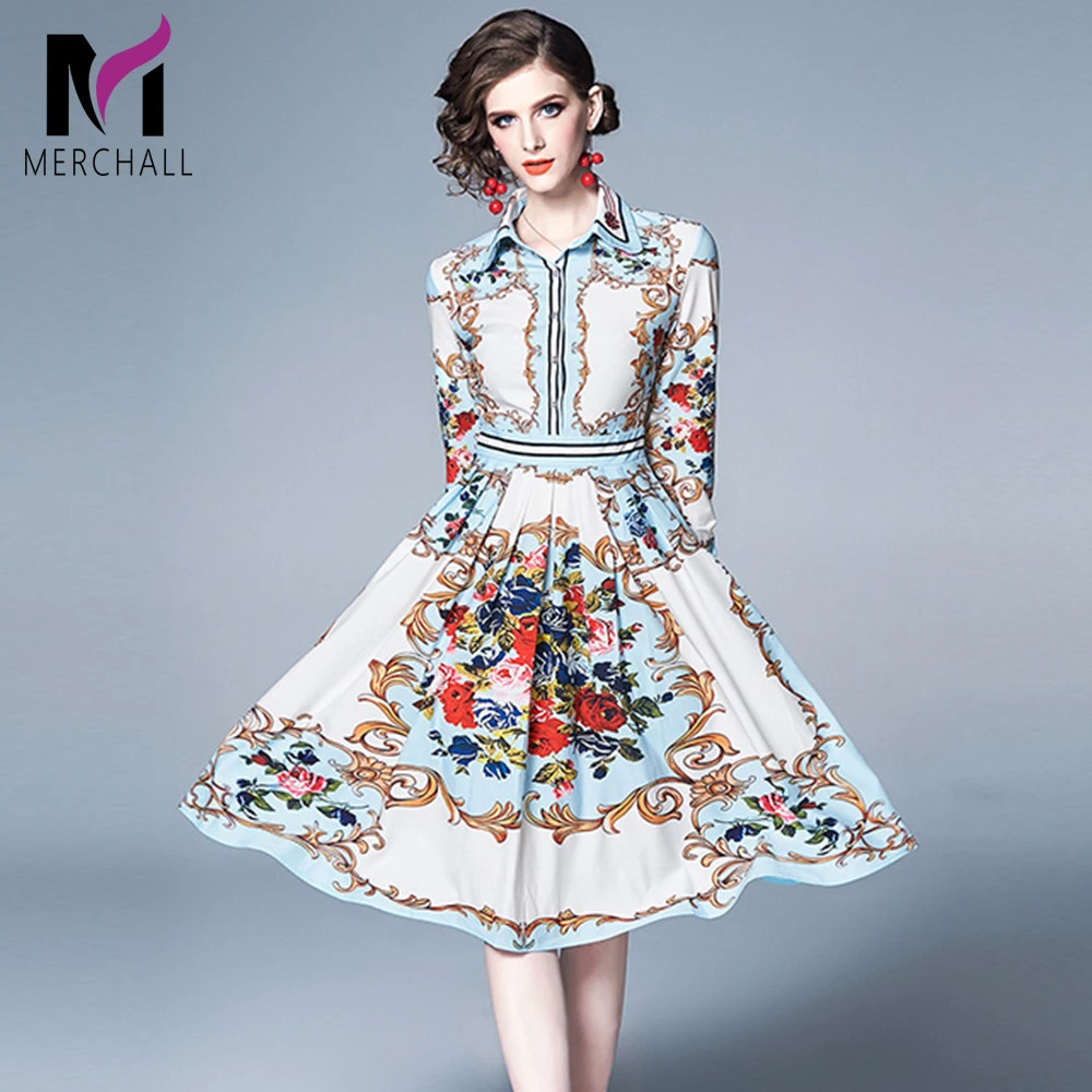 

Fashion Women's 2019 Runway Dress Shirt Long Sleeve Robe Femme Charming Floral Print Striped Pleated Holiday Casual Autumn Dress