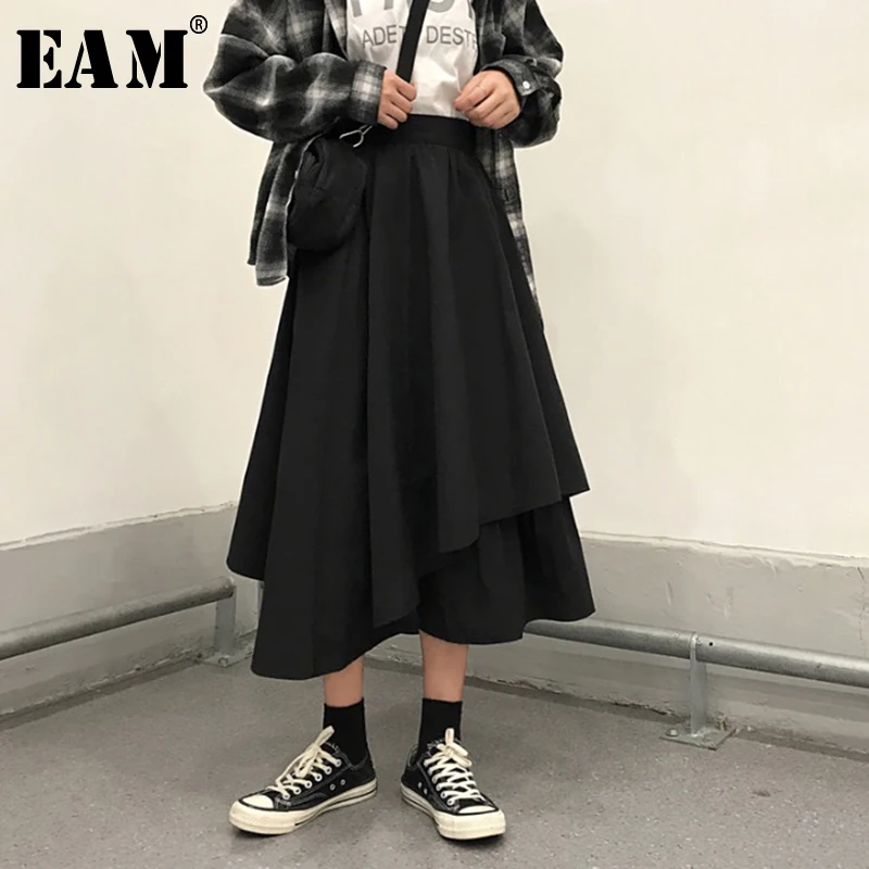 

[EAM] 2019 New Spring Summer High Elastic Waist Pleated Irregular Personality Black Half-body Skirt Women Fashion JX309print