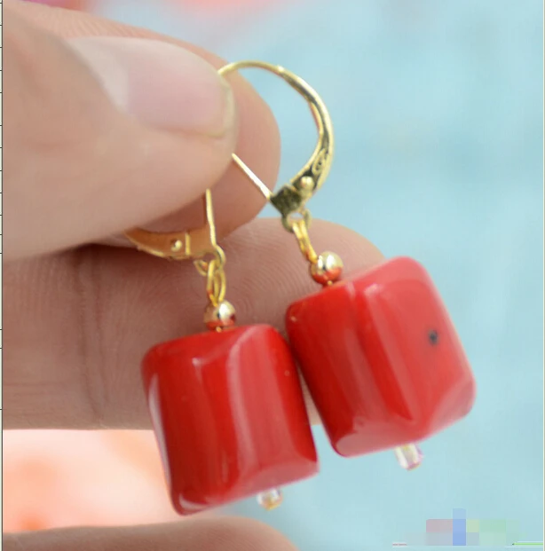 

Free shipping S1768 10x16mm cylindricality red coral DANGLE EARRING