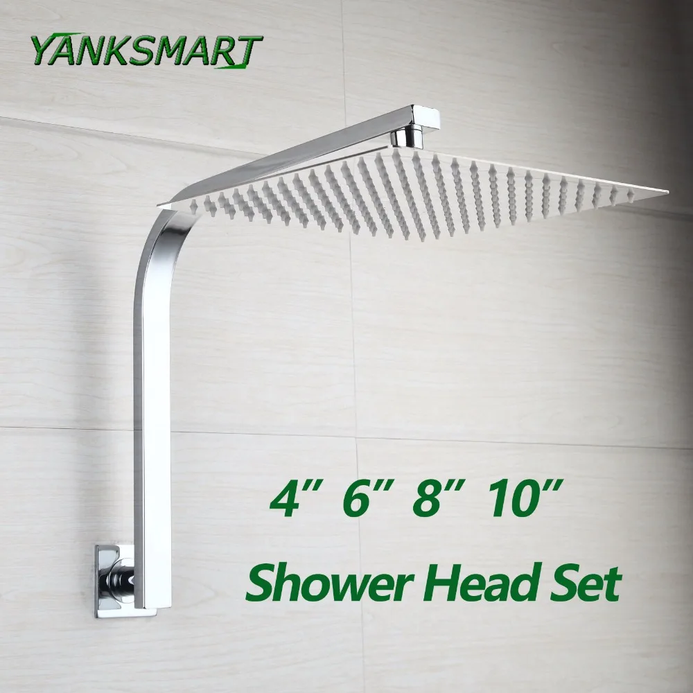 

YANKSMART Gooseneck Square Brass Wall Mount Shower Arm Ultrathin Bathroom Shower Head Set