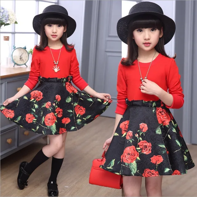autumn fall spring long sleeve white red dresses for girls size 120~160 ...