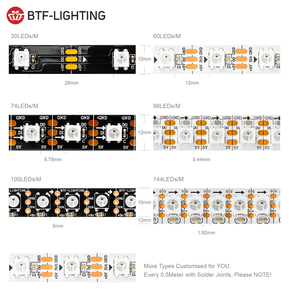 WS2812B RGB IC LED 스트립 조명 1m 2m 4m 5m 개별적으로 주소 지정 가능 WS2812 30 60 100 144 LED 매직 블랙 화이트 PCB DC5V IP30