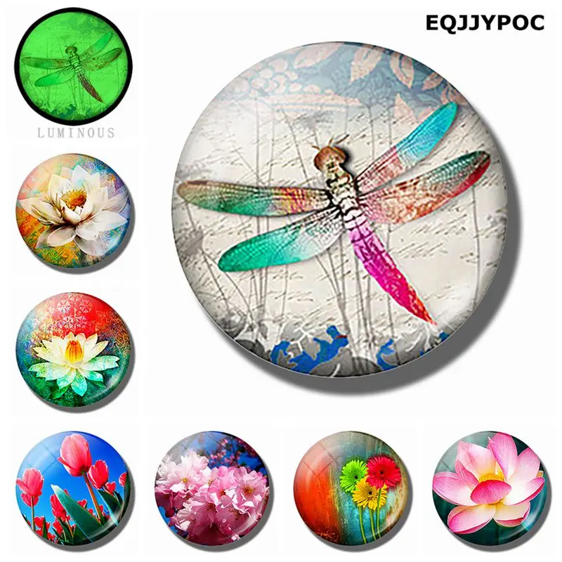 

Dragonflies and Lotus Flowers 25 MM Glass Decorative Refrigerator Magnetic Stickers Luminous Tulips Cherry Fridge Magnet Set