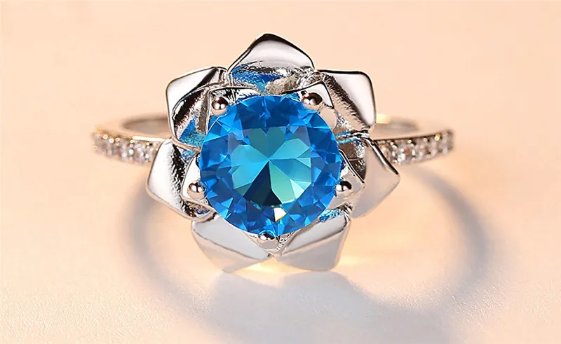 Elegant Sun Flower Round Ring Blue CZ Finger Rings Silver Color For Women Wedding Jewelry Anel Bijoux Bague Anillos Gift R501 (6)
