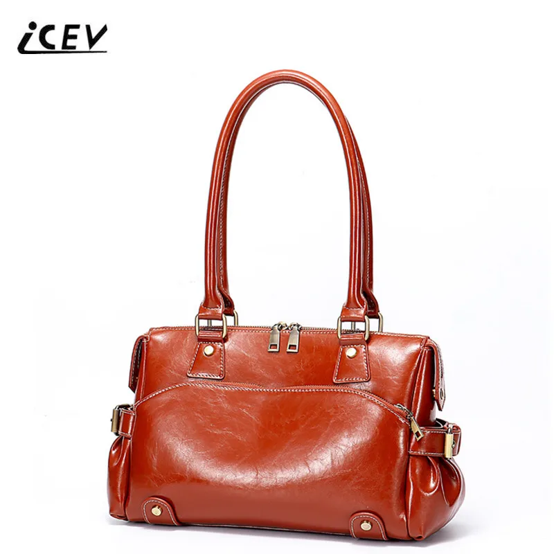 ICEV New European Fashion Oil Genuine Leather Handbags Vintage Rivet Women Leather Handbags Bags Handbags Women Famous Brand Sac icev new fashion europe style genuine leather handbags alligator women leather handbags bags handbags women famous brands bolsa