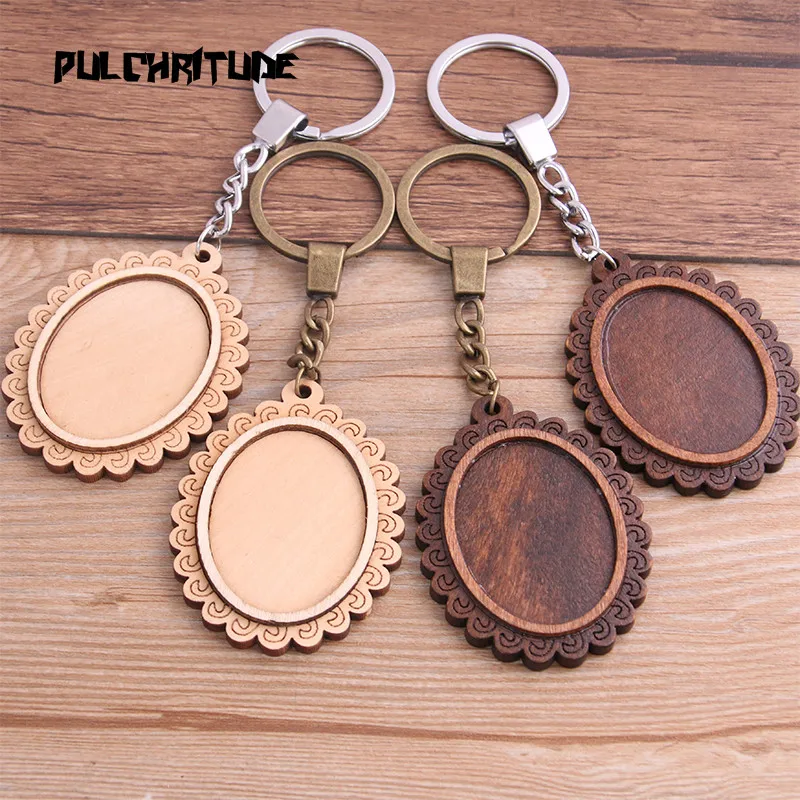 

PULCHRITUDE 2pcs 30*40mm Big Oval Wood Cabochon Settings Metal Keyring Accessories Diy Blank Wooden Base Trays For Key Chain