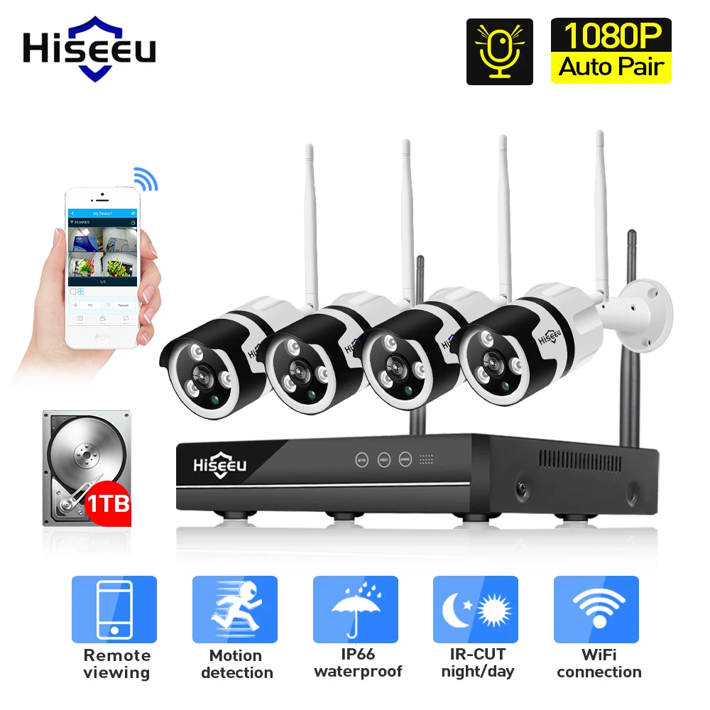 1080P 4CH Wireless NVR CCTV System audio wifi 2.0MP Outdoor Bullet IP Camera Waterproof Security Video Surveillance Kit hiseeu