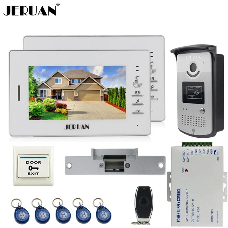 

JERUAN 7 inch LCD color video door phone Entry intercom system kit 2 white monitor waterproof 700TVL RFID Access Camera 1V2