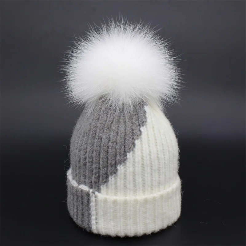 Новинка, настоящая белая меховая шапка для девочек, зимняя женская вязаная шапка skullies caps touca gorro bonnet - Цвет: gray