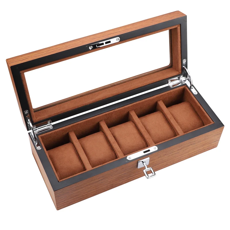 

HENGRC 5 Grids Wooden Watch Box High Quality Rectangular Watch Case Ladies Jewelry Box