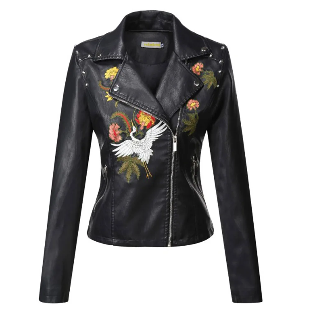 Hiver Manches Pour Automne Pu Noir Zipper Manteaux Gothique Femmes Fleur Longues Broderie Survêtement Moto De Veste Mode Mince 0FInBFwdq