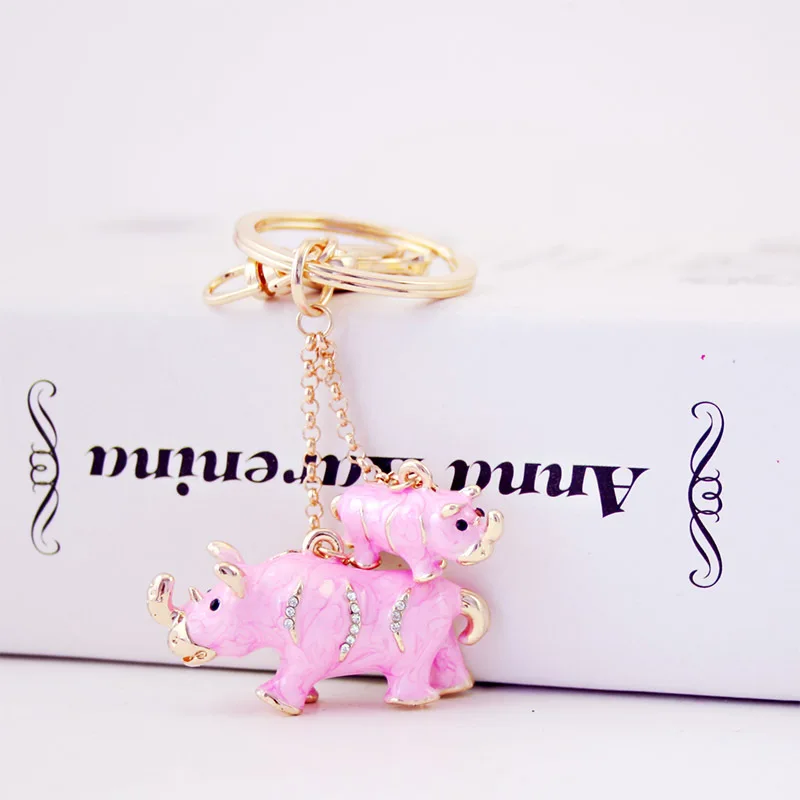 Корейский креативный Кристалл Капельного ремесла милый мать и сын носорог автомобильный брелок фэн шуй животное металлический кулон Подарочная цепочка для ключей - Цвет: Розовый