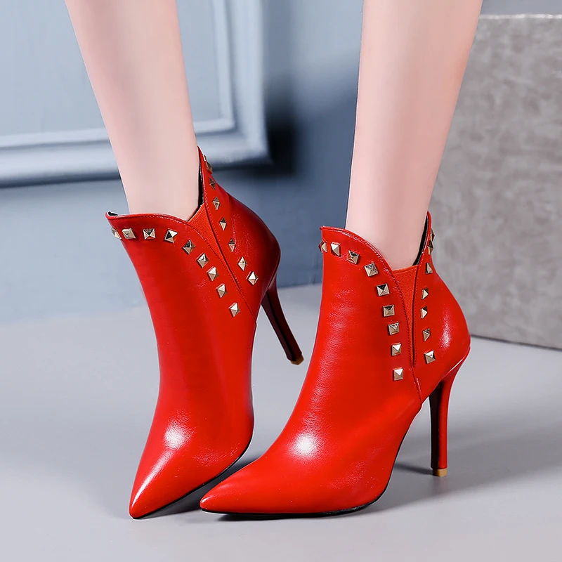 

2018 Spring Autumn fashion high-heeled boots female pointed head thin heel boots women's rivet short boots zipper shoes women