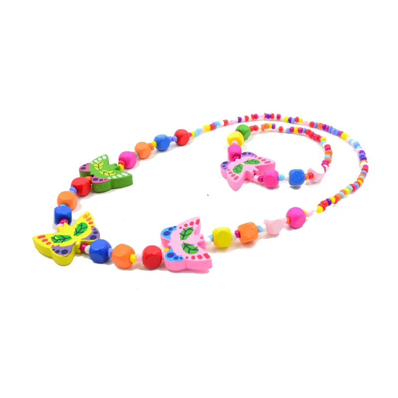 

Children Jewelry Sets For Girls Butterfly Cute Multi Colored Wooden Bead Accessories Sets Necklace Bracelet Kids Party Fun Gifts