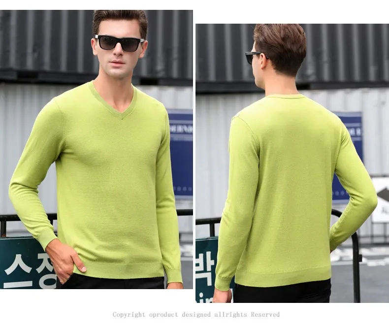 Новинка осень и зима мужской классический шерсть v-образный вырез сплошной цвет приталенный базовый тонкий вязаный свитер