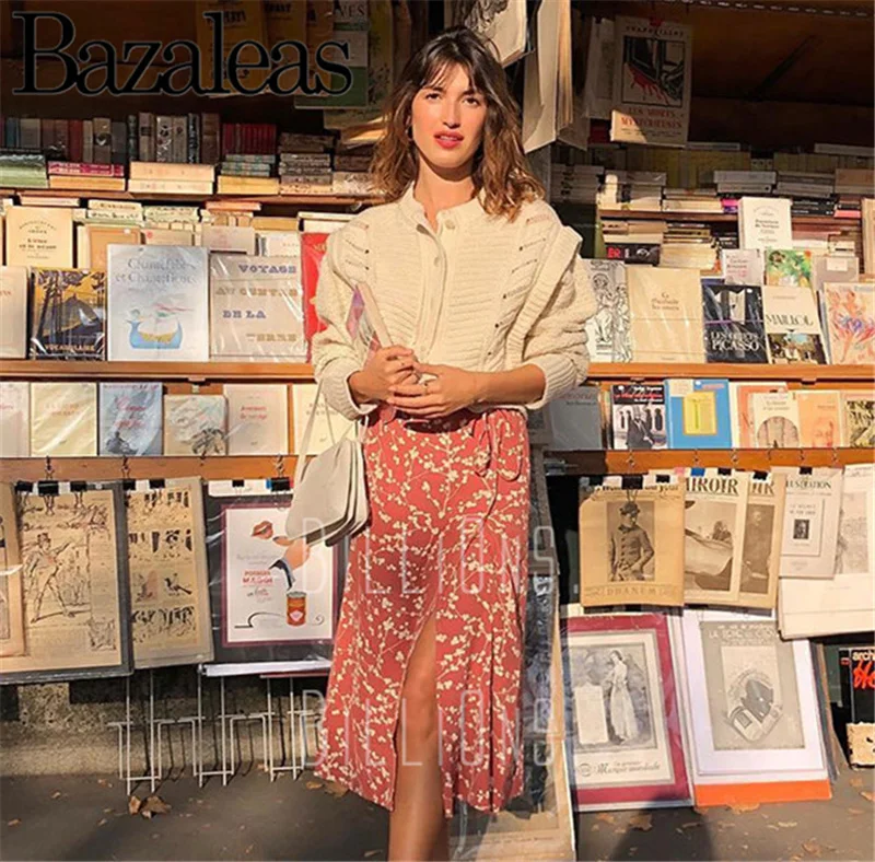 Bazaleas розовая Женская юбка с цветочным принтом, с боковыми пуговицами, с завязками на талии, модная женская юбка, повседневная винтажная Юбка-миди, юбка warp, Прямая