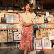 Bazaleas розовая Женская юбка с цветочным принтом, с боковыми пуговицами, с завязками на талии, модная женская юбка, повседневная винтажная Юбка-миди, юбка warp, Прямая