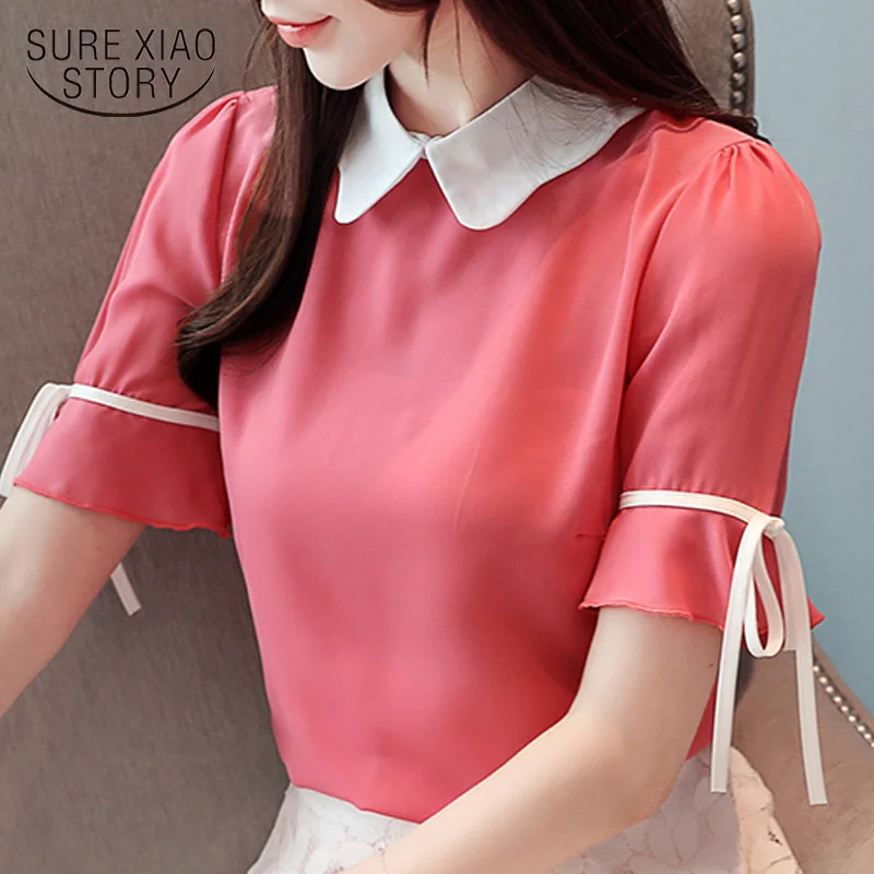 women's summer blouses 2019 short sleeve chiffon blouse women shirts sweet Doll collar solid women blouse ladies tops 3463 50