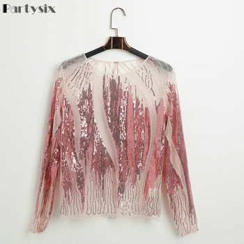 

Partysix Luxury Sequins Mesh Shirts Perspective Hollow Pullover Beaded Blouses Long-sleeved Gauze Spliced Handmade